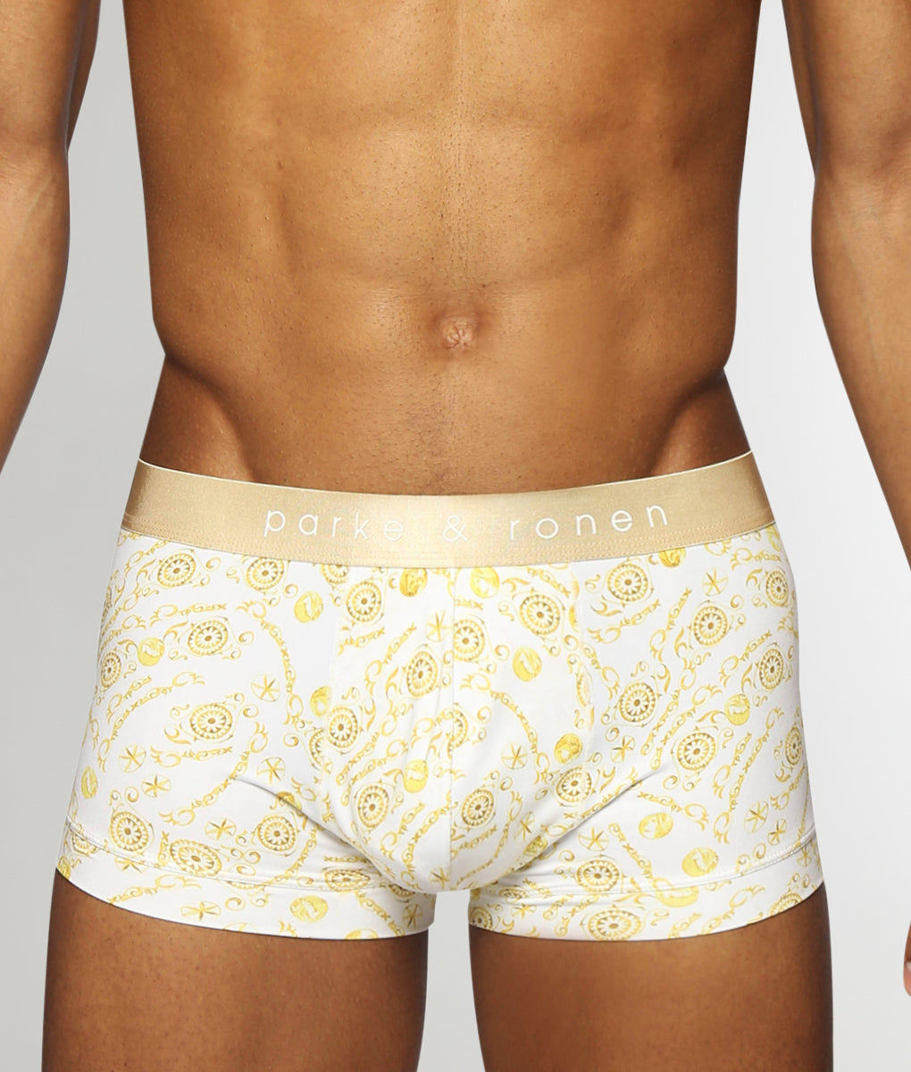 Parke & Ronen Printed Low-Rise Trunk Parke & Ronen Printed Low-Rise Trunk Roman-coins-gold