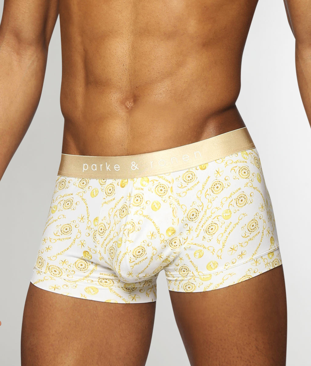 Parke & Ronen Printed Low-Rise Trunk Parke & Ronen Printed Low-Rise Trunk Roman-coins-gold