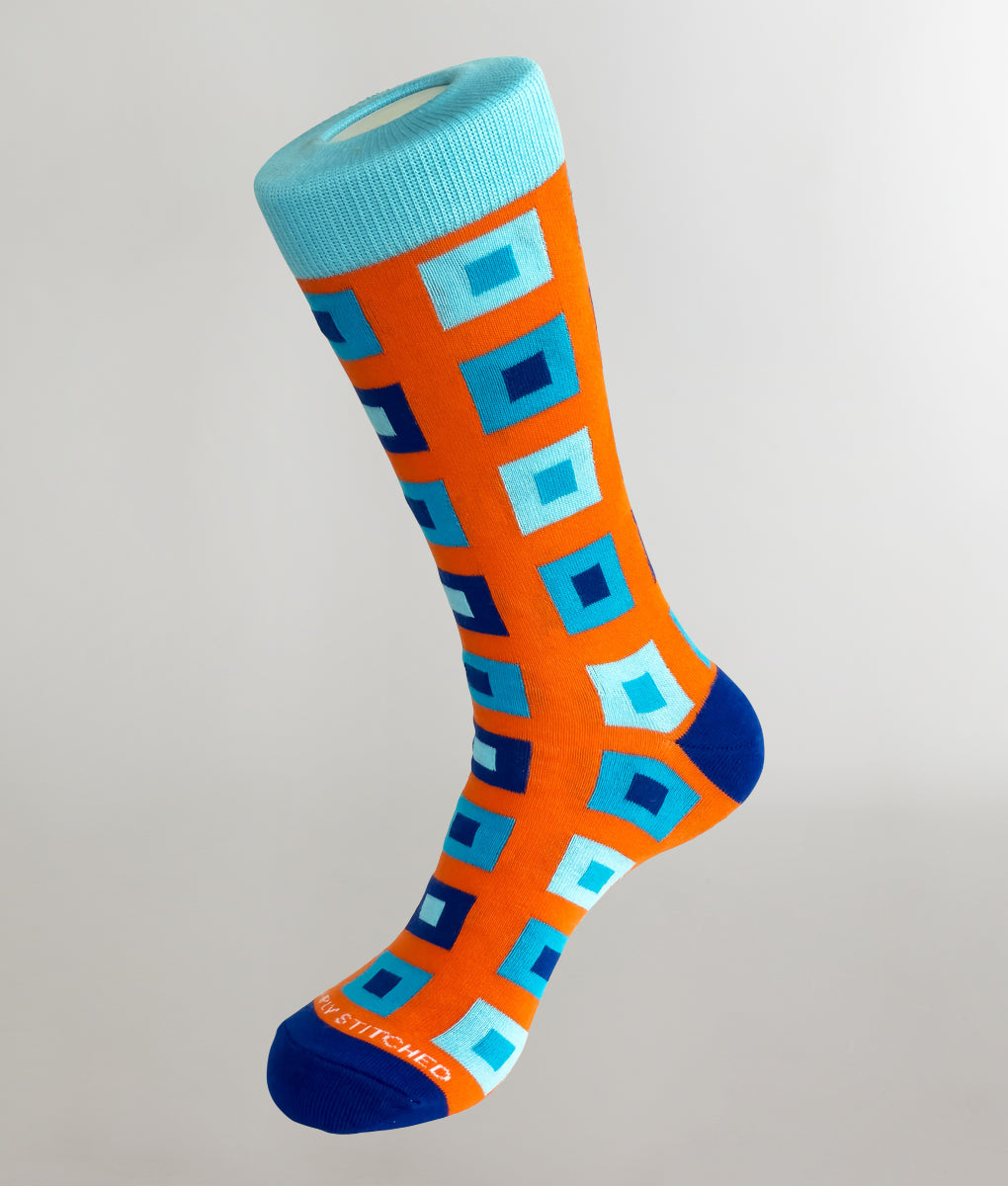 Unsimply Stitched Stacked Tile Crew Sock Orange-blue-teal